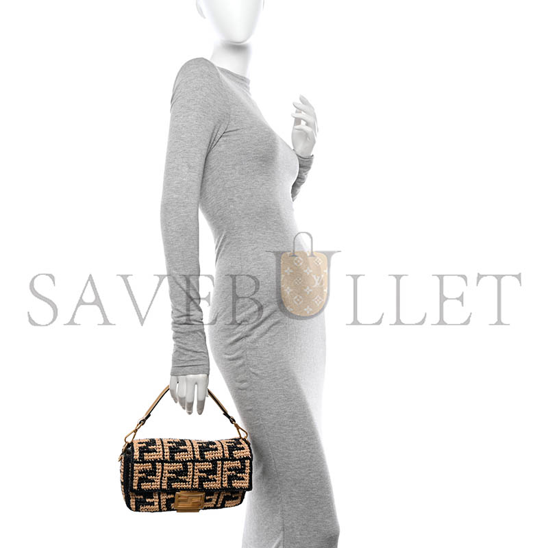 FENDI RAFFIA VITELLO GRACE FF CROCHET BAGUETTE NATURAL BLACK PAGLIA (27*15*6cm)